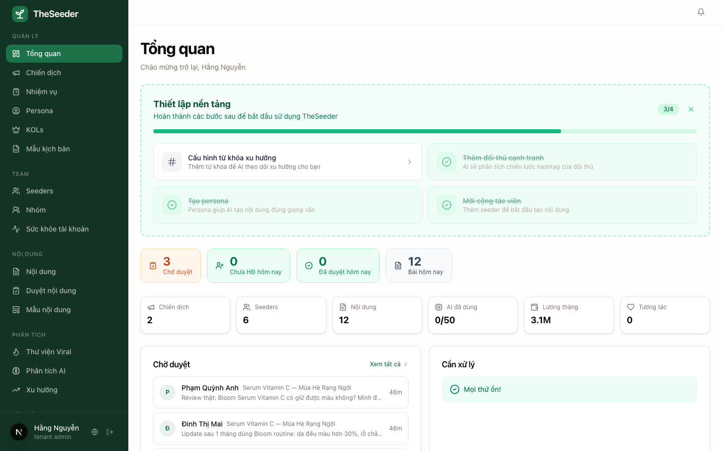 TheSeeder dashboard — quản lý đội ngũ nội dung